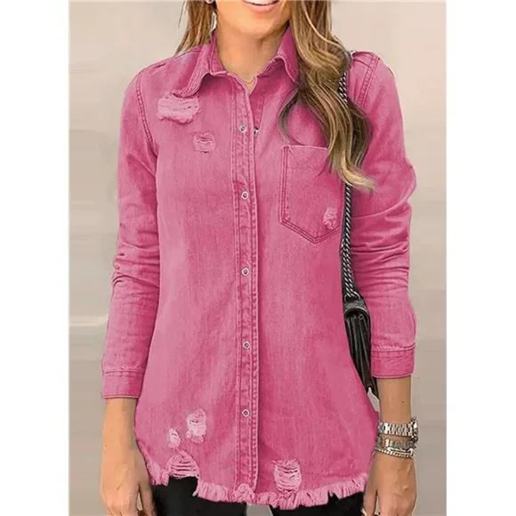 WOMEN'S Oversized Denim Jacket Casual Long A1 Rose